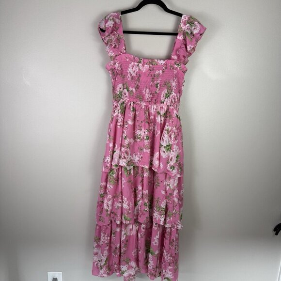 August Sky Women’s Smocked Midi Dress Pink Floral Tiered Ruffle Sleeveless L - Picture 8 of 10